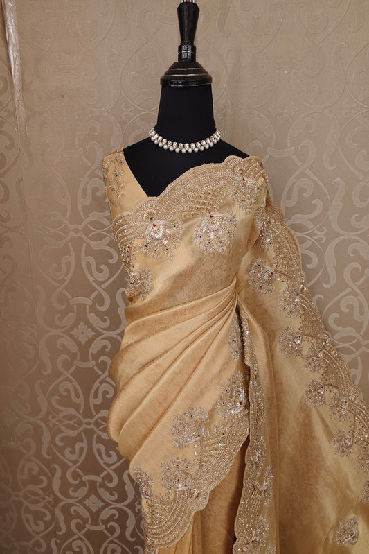 Golden Beige Tissue Kanjeevaram Silk Sarees With Embroidery Work, With Unstiched Blouse