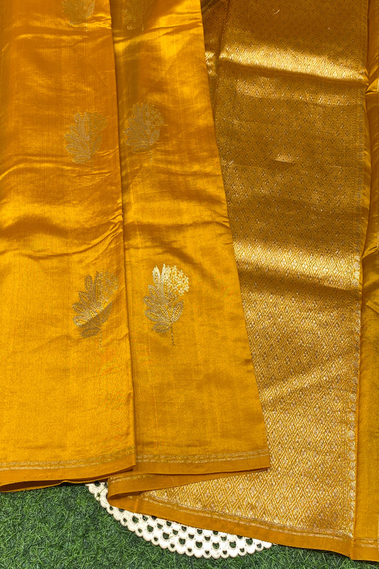 Mustard Yellow Poona Silk Saree Golden Zari Woven Buttas, With Unstich Blouse