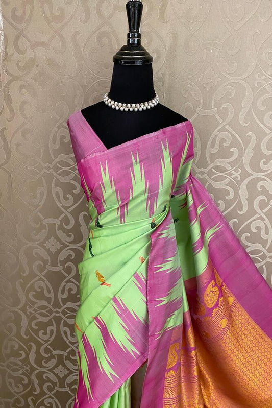 Light Green Gadwal Silk Sarees With Unstiched Blouse