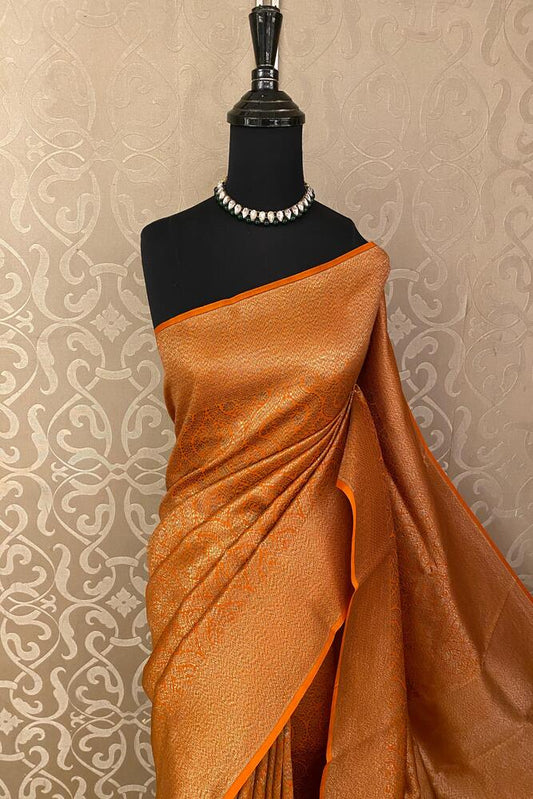 Saffron Brocade Kora Banarasi Silk Saree, With Unstiched Blouse