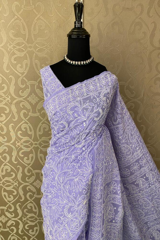 Light purple cotton Chikankari saree with unstiched blouse for party wear, detailed embroidery by Saarang Sarees.