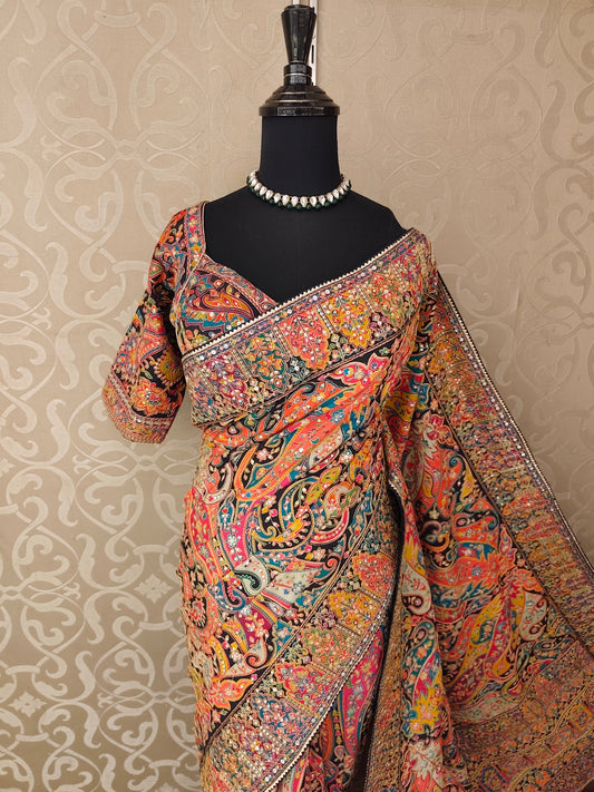 Multi Cocktail Satin Crepe Saree, With Unstiched Blouse