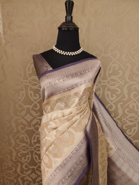 Off-White Tissue Banarasi Silk Saree, With Unstiched Blouse