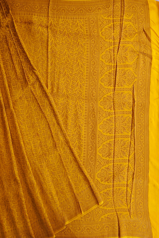 Mustard Yellow Semi Brocade Silk Saree, With Unstiched Blouse