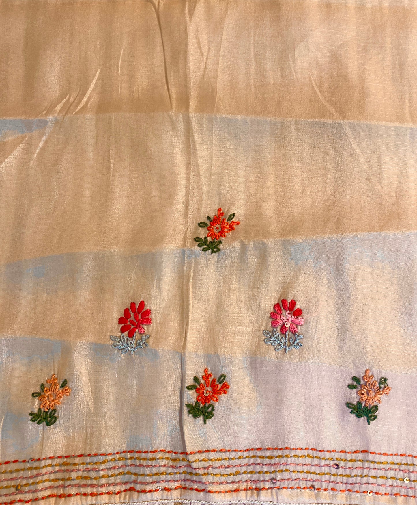 Off-White Semi Munga Silk French Knot Hand Embroidery Work Saree, With Unstiched Blouse