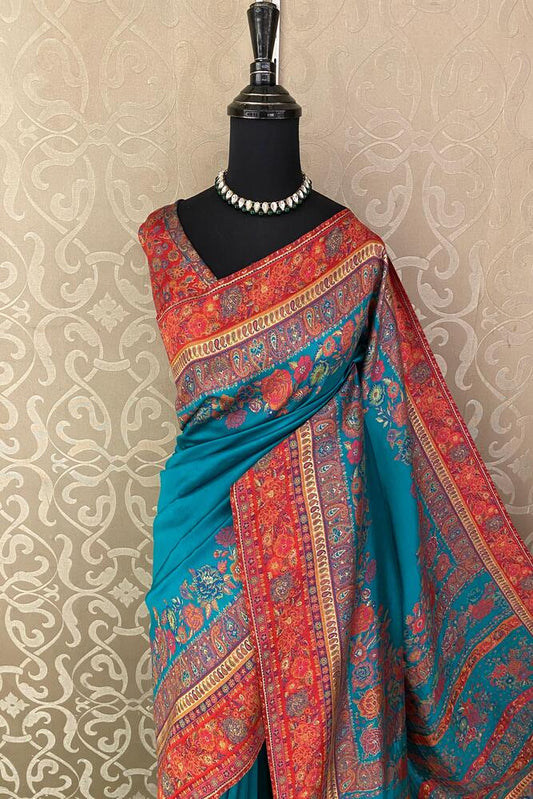 Teal Blue Pure Kani Handloom Silk Saree With Floral Woven Blouse