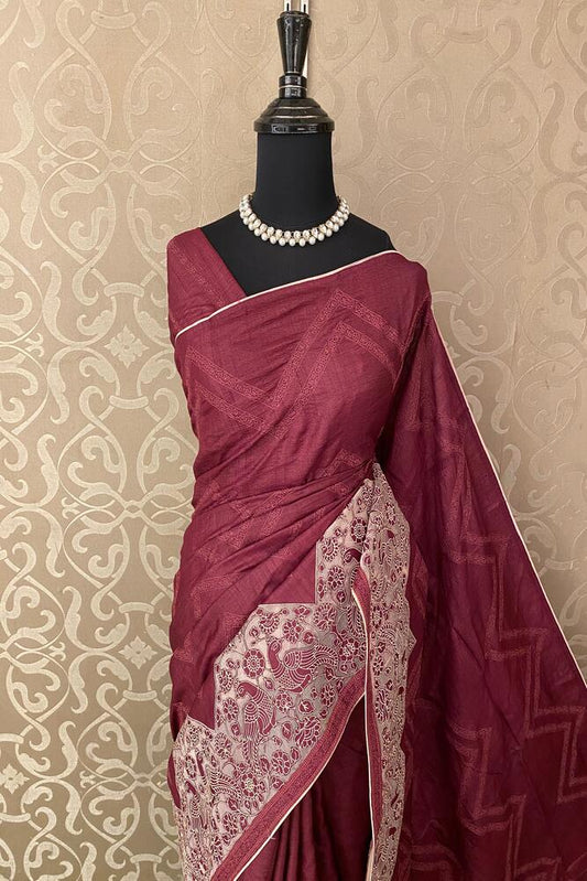 Traditional Wine Tussar Saree with organza applique work from Saarang Sarees, featuring an unstiched blouse for elegant ethnic wear.