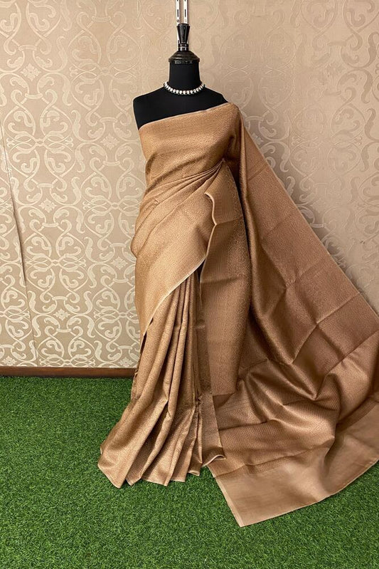 Beige Brocade Kora Banarasi Silk Saree, With Unstiched Blouse