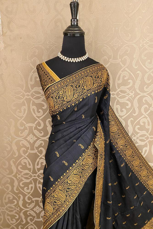 Black Tussar embroidery saree with Kashmiri work border from Saarang Sarees, featuring a matching unstiched blouse.