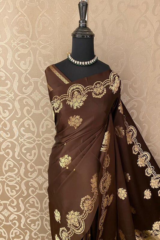 Coffee Mashru Silk Banarasi Handloom Saree, With Unstiched Blouse