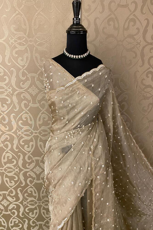Grey Tissue Embroidery Saree, With Unstiched Blouse