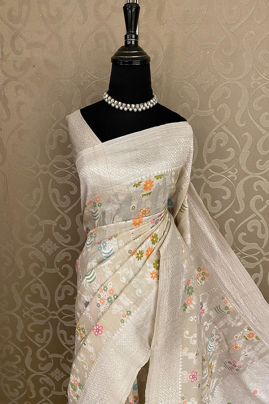 Off-White Tussar Khaddi Handwoven Saree With Meenakari Work, With Unstiched Blouse - Saarang Sarees