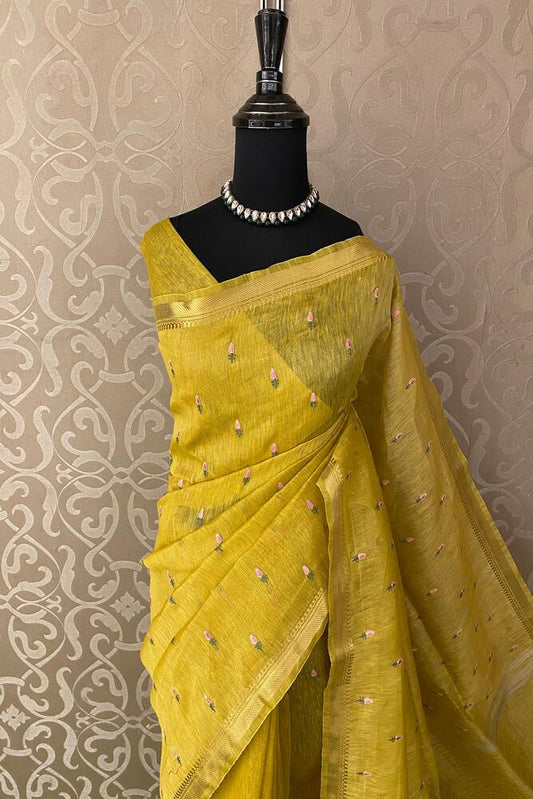 Yellow pure linen Kashmiri work saree with traditional design and intricate embroidery, paired with an unstiched blouse.