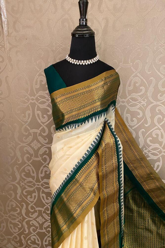 Off-White Gadwal Silk Sarees With Unstiched Blouse