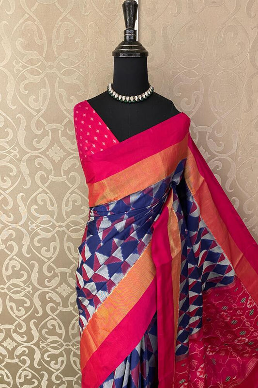 Traditional Multi Pochampally Ikat Silk Saree by Saarang Sarees with unstiched blouse, featuring vibrant Ikat patterns and rich silk texture.