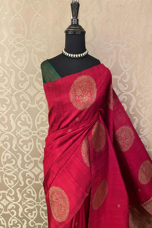 Maroon Pure Raw Tussar Banarasi Silk Saree, Hand Woven Motifs With Unstiched Blouse
