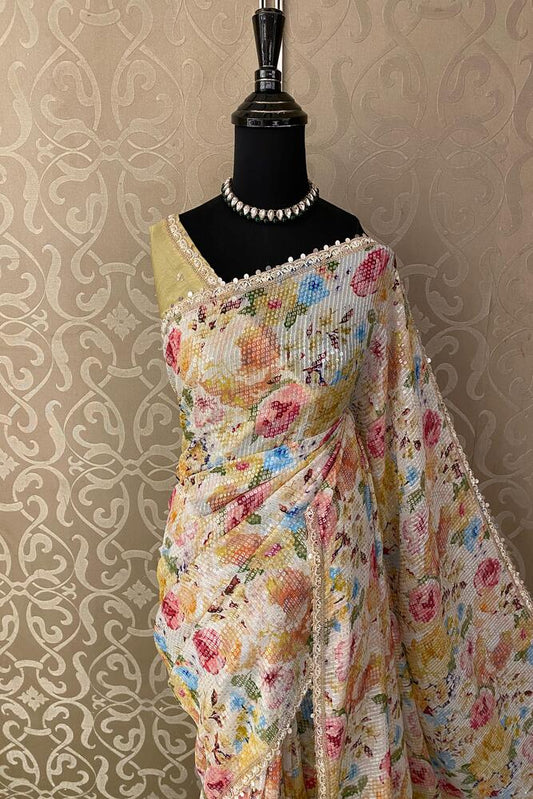 Multi Printed Georgette Sequin Saree, With Unstiched Blouse