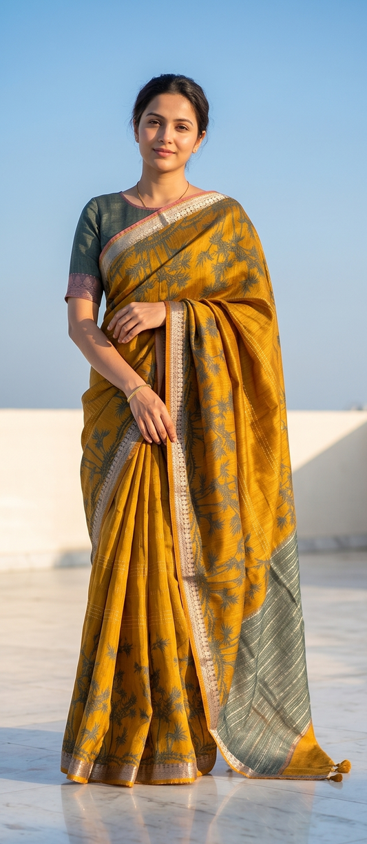 Mustard Yellow Printed Munga Silk Saree, With Unstiched Blouse