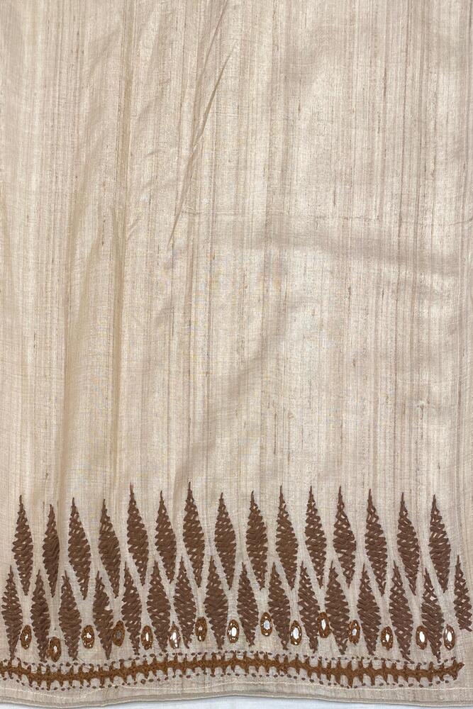 Off-White Tussar Embroidery Saree With Kathiawari Work Border, With Unstitched Blouse