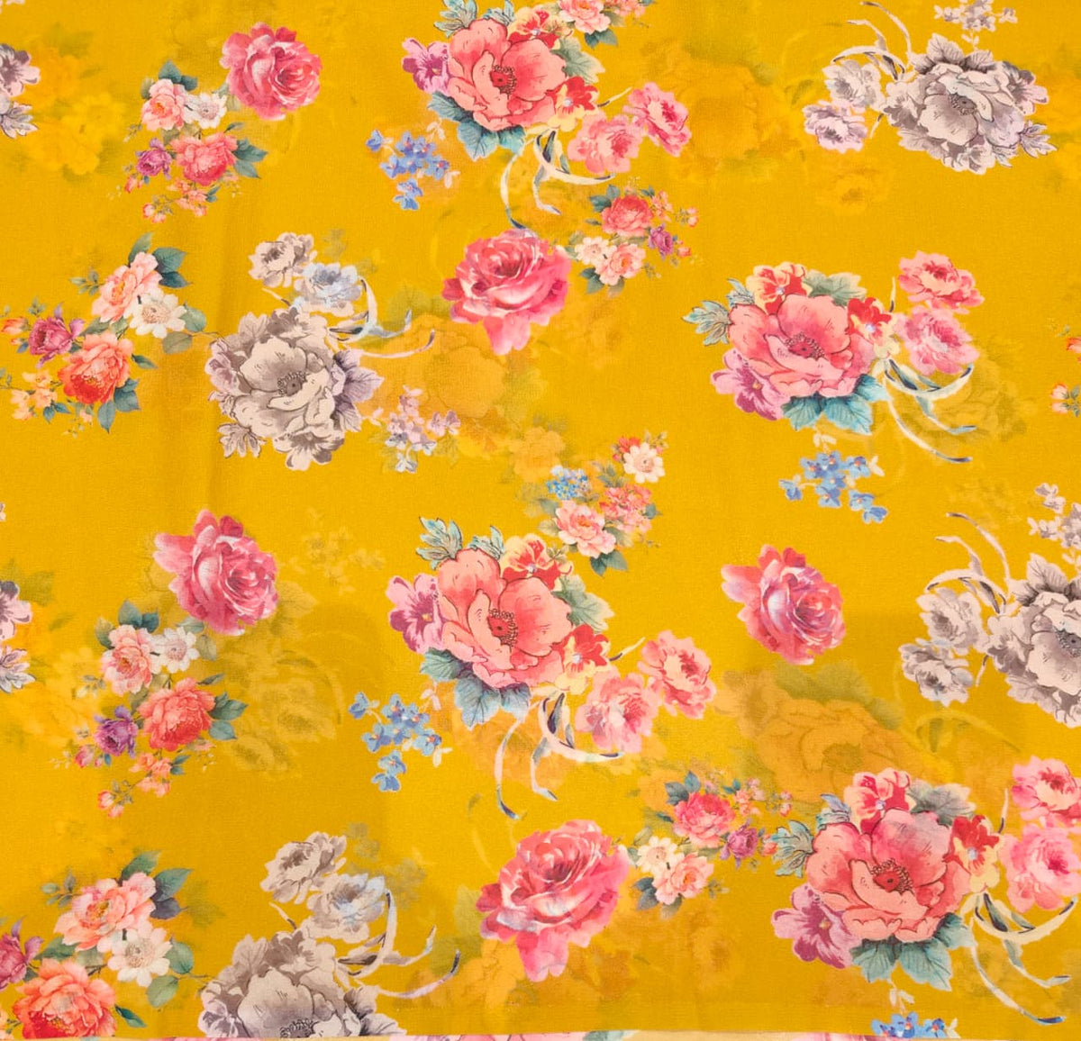 Mustrad Yellow Floral Printed Chiffon Saree, With Unstiched Blouse Piece