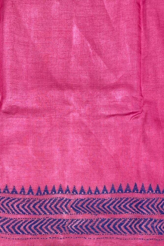 Pink & Blue Tussar Embroidery Saree With Kantha Work Border, With Unstitched Blouse