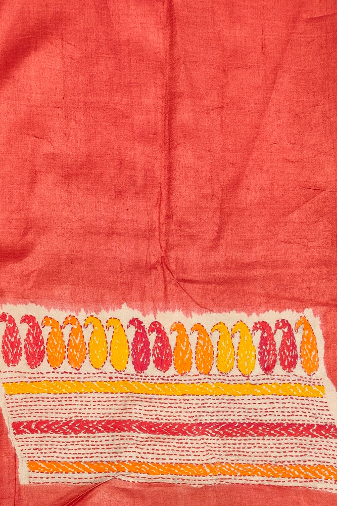 Mustard Yellow Tussar Embroidery Saree With Kantha Work Border, With Unstitched Blouse