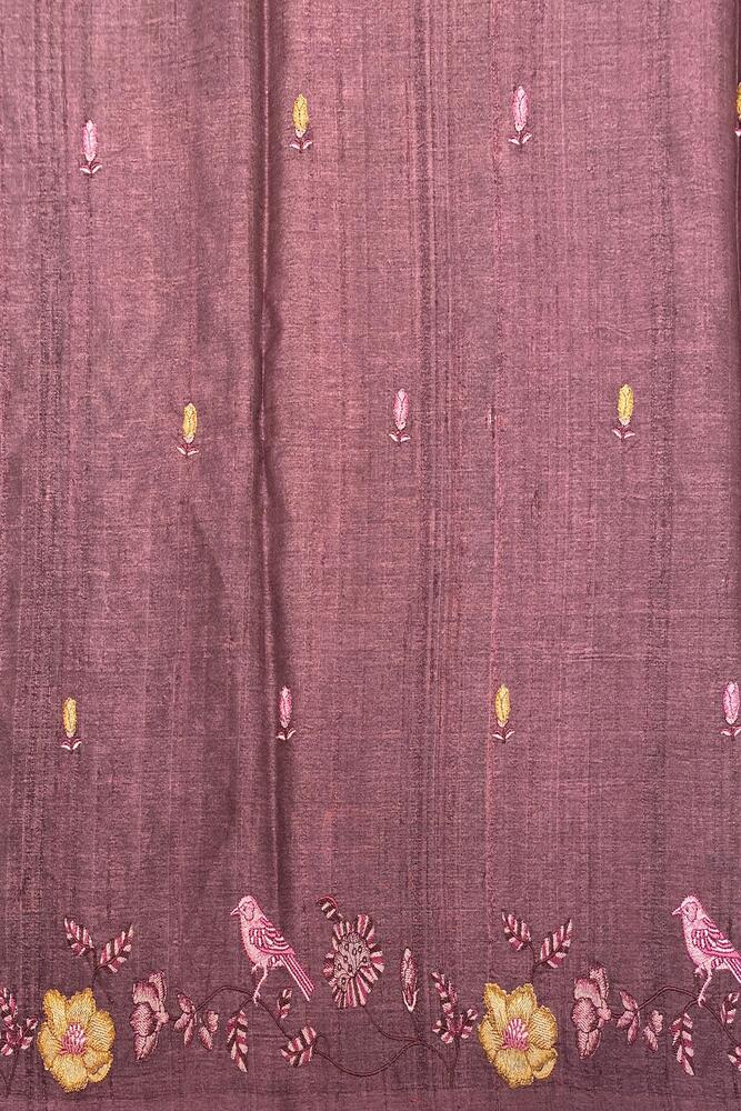 Purple Tussar Resham embroidery saree with unstiched blouse, traditional wear by Saarang Sarees, featuring intricate handwoven details.