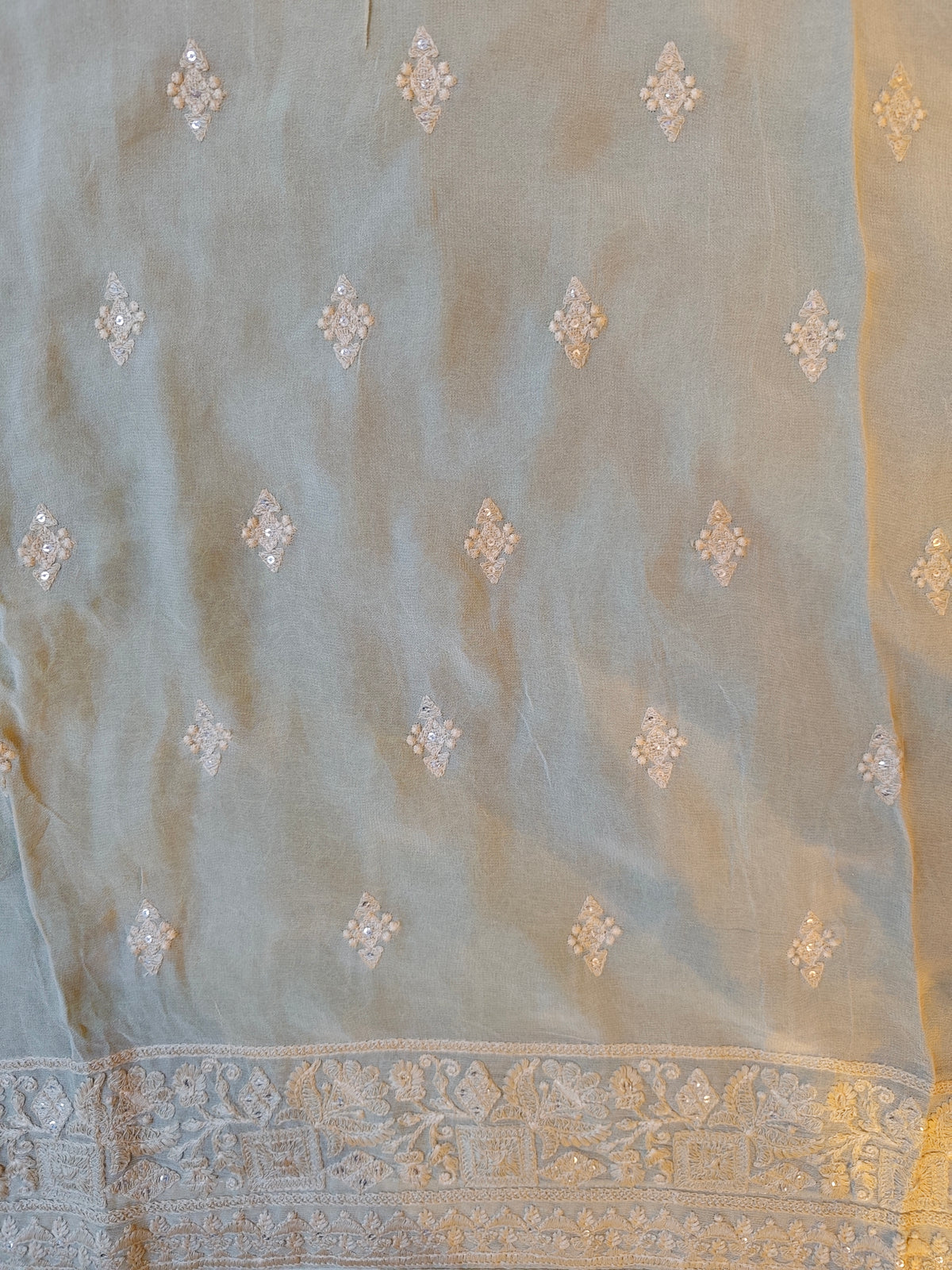 Light Olive Green Georgette Chikankari Embroidery Saree, With Unstitched Blouse