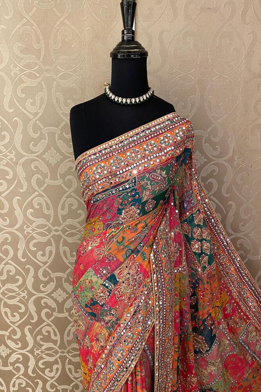 Multi Crepe Georgette Saree With Mirror Work, With Unstiched Blouse