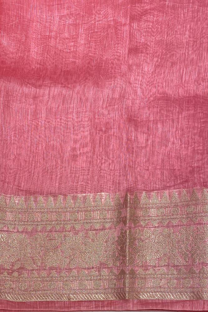 Pink Linen Banarasi Saree With Unstiched Blouse