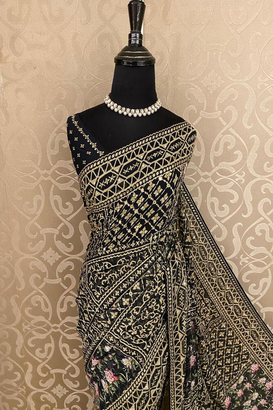 Black Georgette Embroidery Work Saree, With Unstiched Blouse