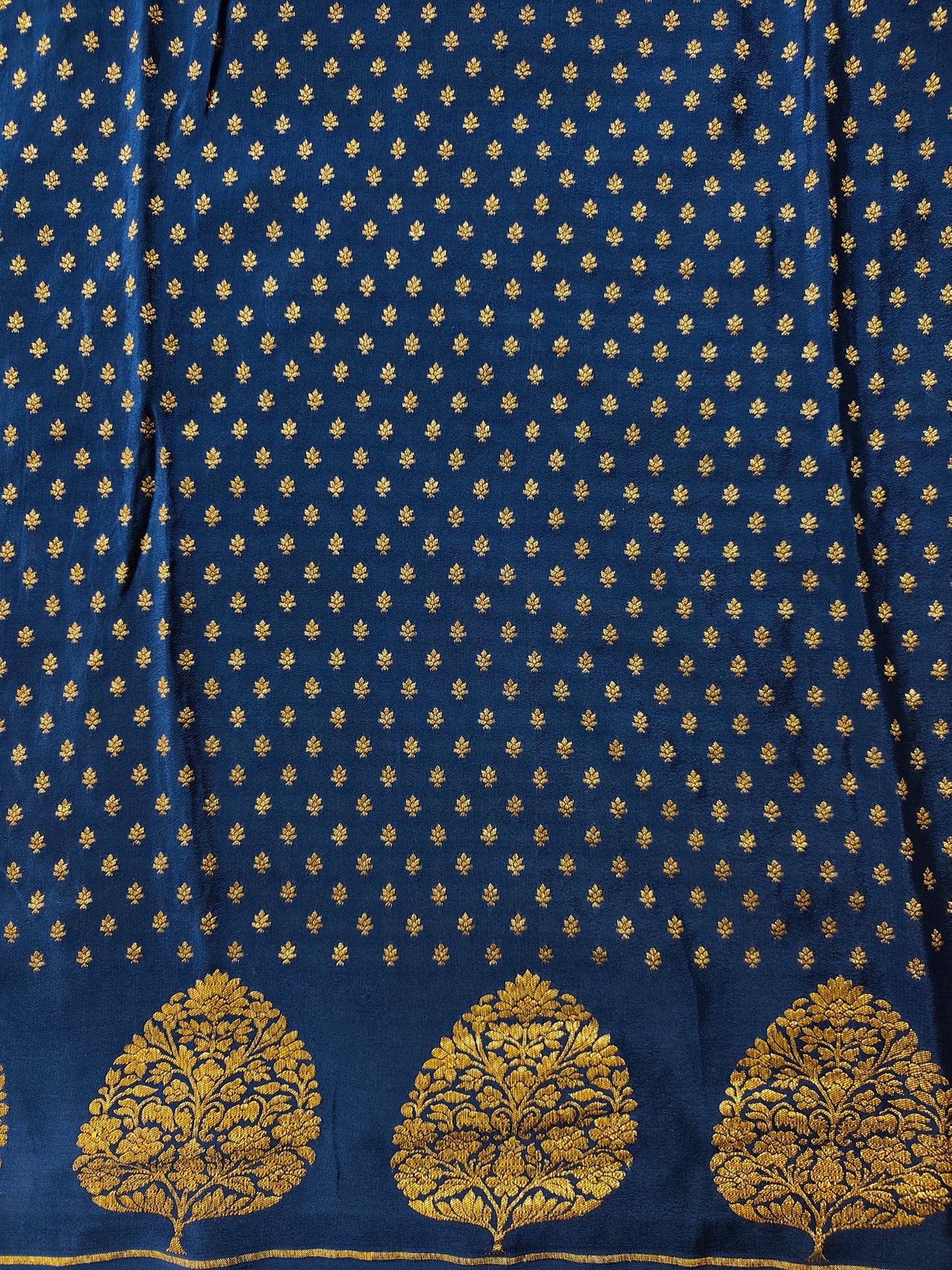 Deep Blue Mysore Crepe Silk Banarasi Saree, With Unstiched Blouse