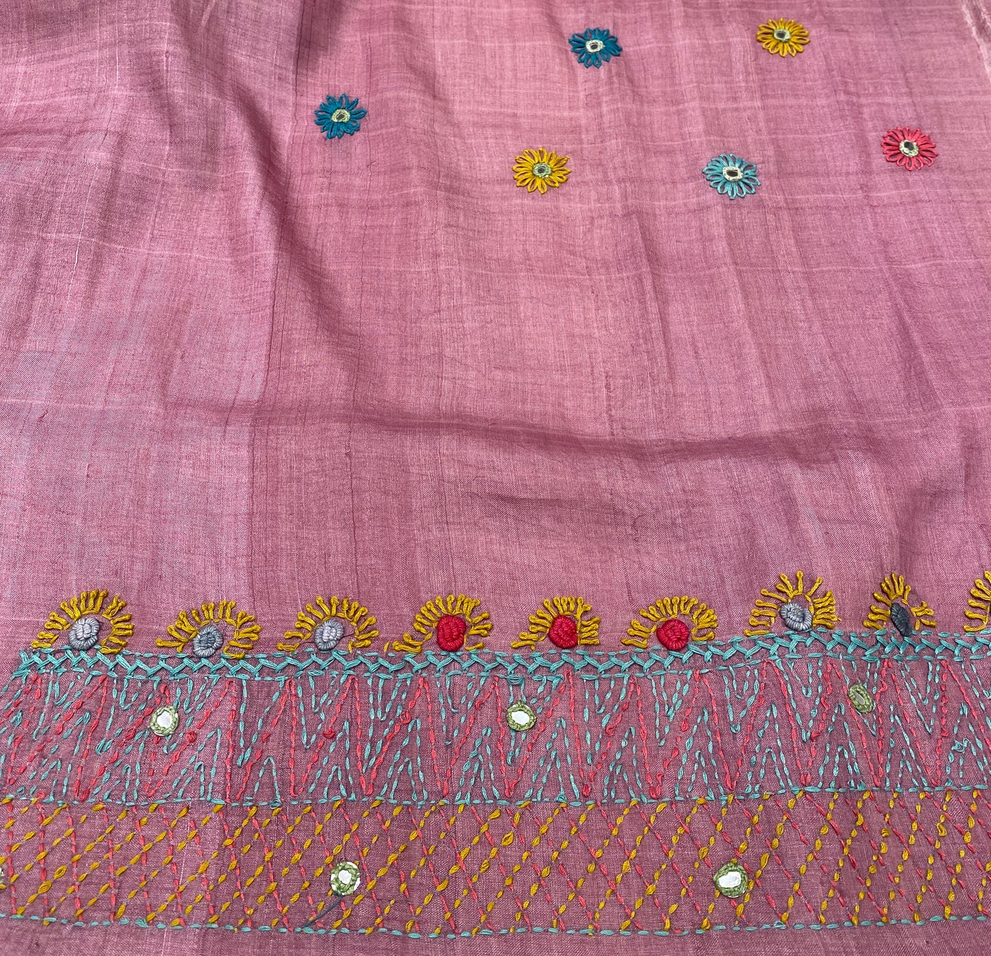 Pink Tussar Embroidery Saree With Lambani Work Border, With Unstitched Blouse