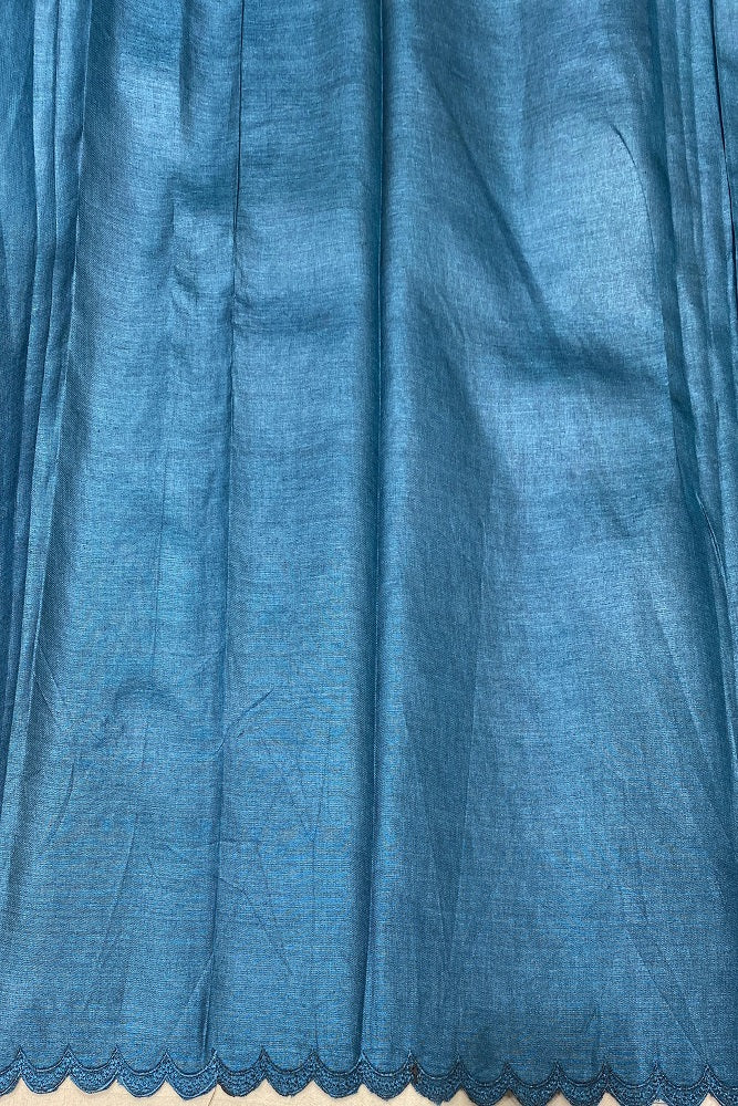 Royal blue tussar organza saree with applique border and unstiched blouse, ideal for party wear by Saarang Sarees.