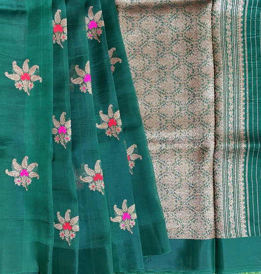 Deep Green Kora Banarasi Silk Saree, With Unstiched Blouse