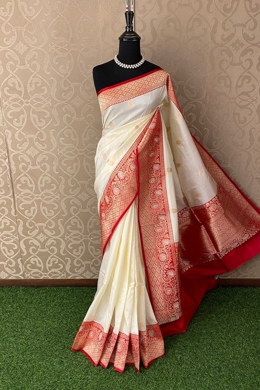 Offwhite Red Katan Silk Banarasi Hand Weaving Saree, With Unstich Blouse