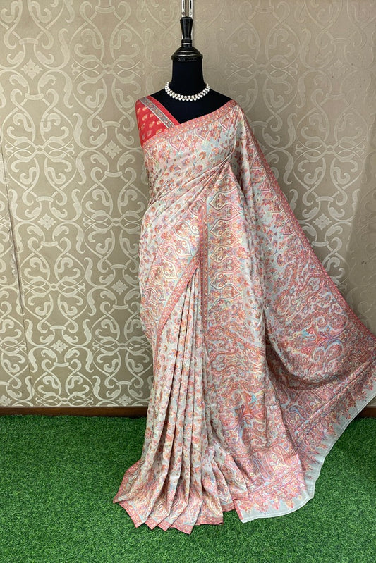 Offwhite Pure Kani Handloom Silk Saree With Floral Woven Unstich Blouse