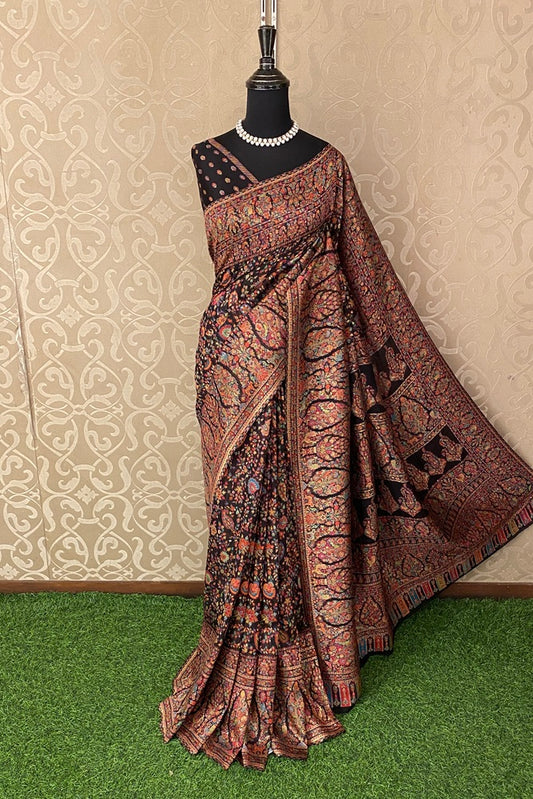 Black Pure Kani Handloom Silk Saree With Floral Woven Unstich Blouse