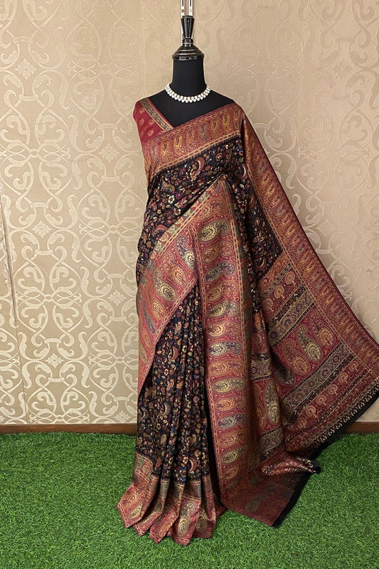 Black Pure Kani Handloom Silk Saree With Floral Woven Unstich Blouse