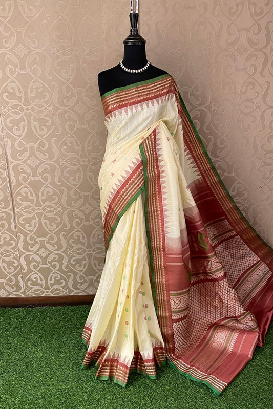 Offwhite Golden Gadwal Silk Saree With Unstich Contrast Blouse