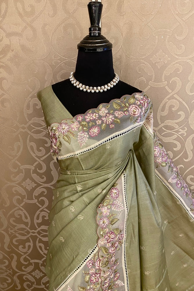 Olive Green Tussar Embroidery Saree With Patch Work Border, With Unstitched Blouse