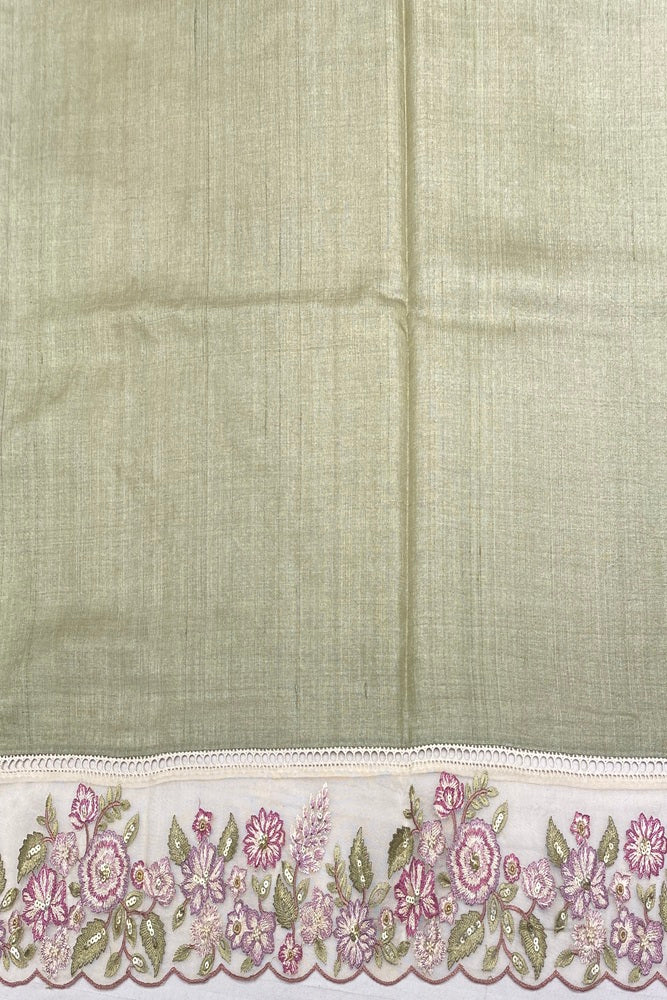 Olive Green Tussar Embroidery Saree With Patch Work Border, With Unstitched Blouse