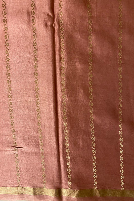 Pink Mashru silk Banarasi handloom saree with intricate gold zari work and matching unstiched blouse, traditional Indian wear.