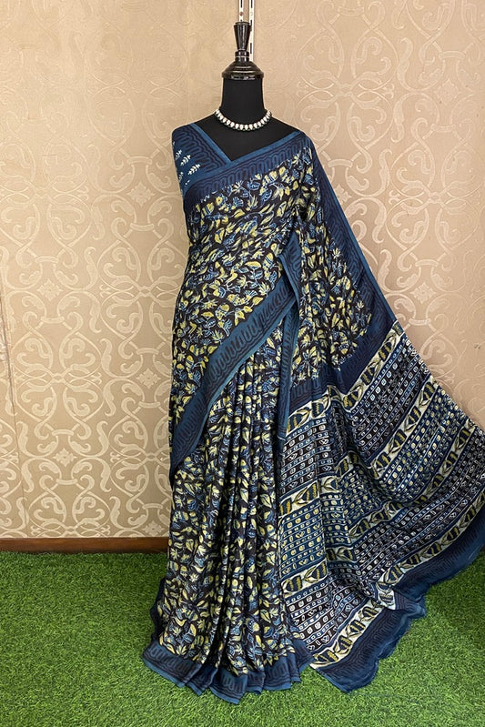 Blue Pure Modal Silk Ajrakh Printed Saree With Unstich Blouse