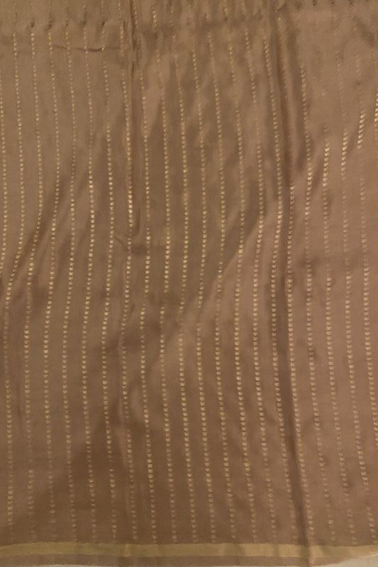 Peache Brown Mashru Silk Banarasi Handloom Saree with intricate gold motifs and matching unstiched blouse, traditional Indian wear.