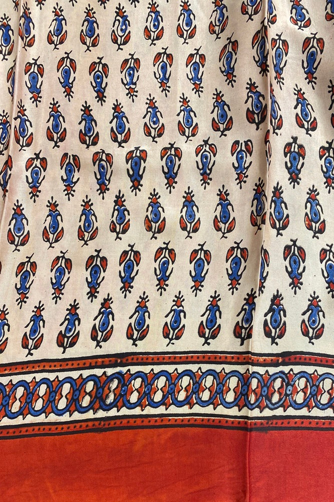 White Pure Modal Silk Ajrakh Printed Saree With Unstich Blouse