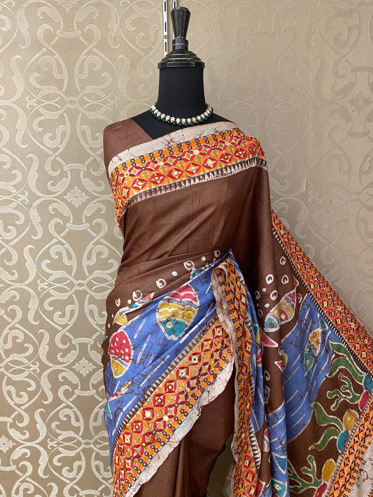 Chocolate Brown Tussar Batik Saree, With Unstitched Blouse