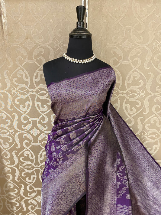 Deep Purple Pure Kanjeevaram Silk Saree, With Unstiched Blouse