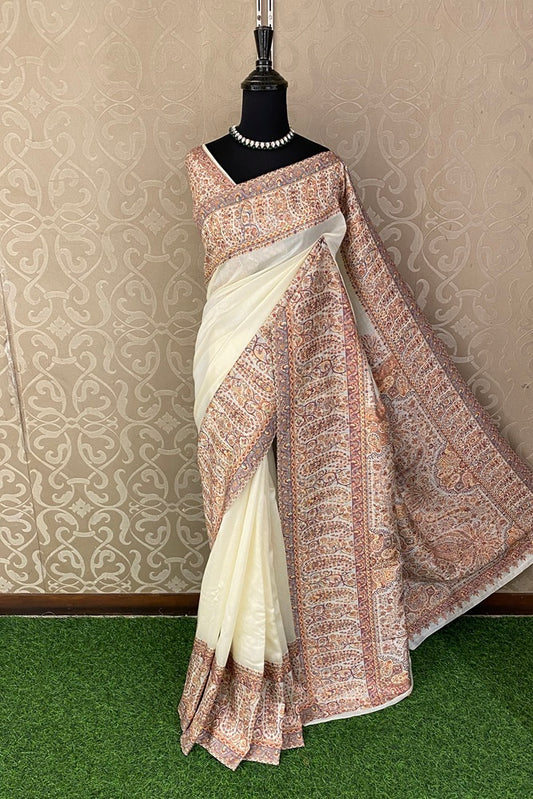 Offwhite Pure Kani Handloom Silk Saree With Floral Woven Unstich Blouse
