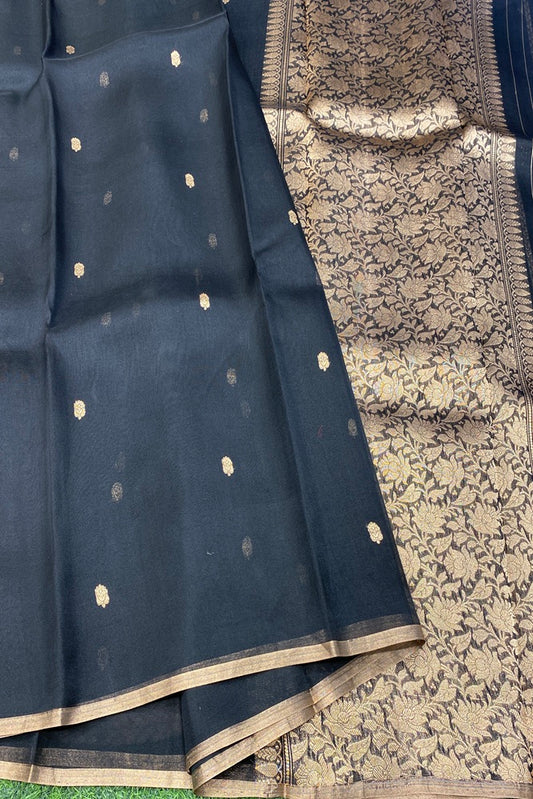 Black Kora Banarasi Silk Saree With Unstich Blouse Piece